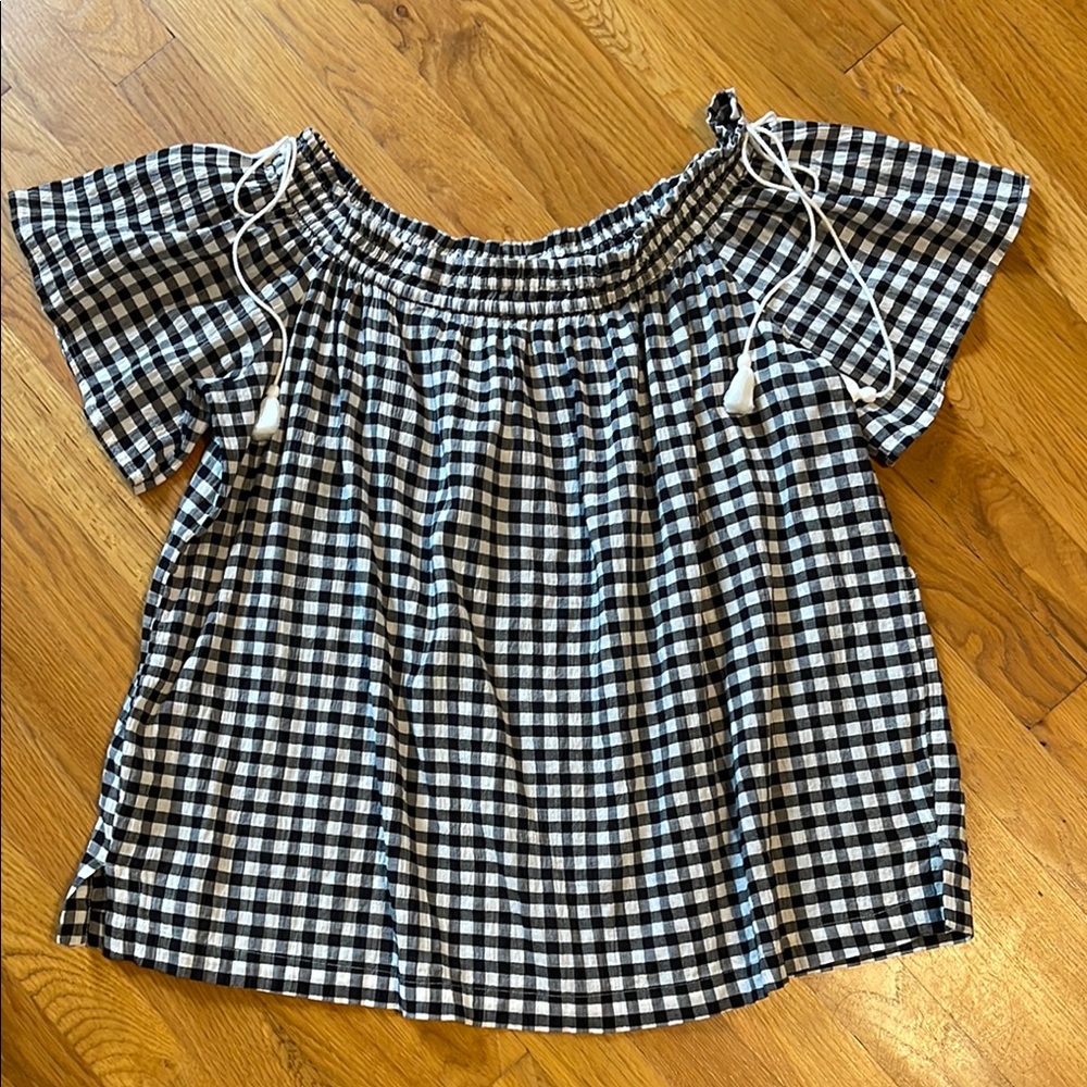 LOFT Black and White Smocked Cap Sleeve/Off Shoulder Blouse